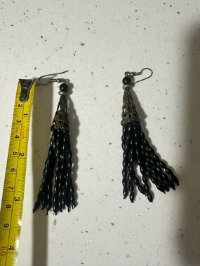 Black Beaded Tassel Drop Earrings - Unbranded